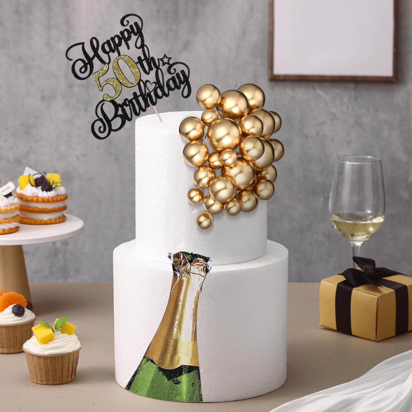 Silipull 38 Pcs 50th Birthday Cake Topper Set with Gold Balls – 6.1 x 5 Inch Banner and Beer Decoration for Men Anniversary Party Supplies