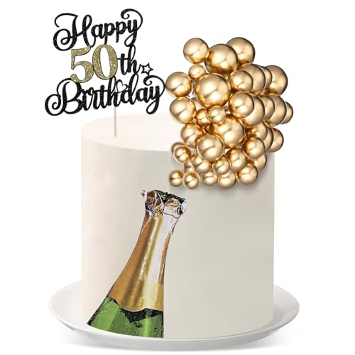 Silipull 38 Pcs 50th Birthday Cake Topper Set with Gold Balls – 6.1 x 5 Inch Banner and Beer Decoration for Men Anniversary Party Supplies
