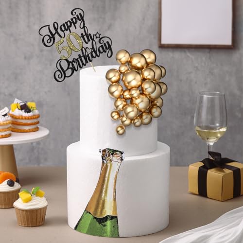Silipull 38 Pcs 50th Birthday Cake Topper Set with Gold Balls – 6.1 x 5 Inch Banner and Beer Decoration for Men Anniversary Party Supplies