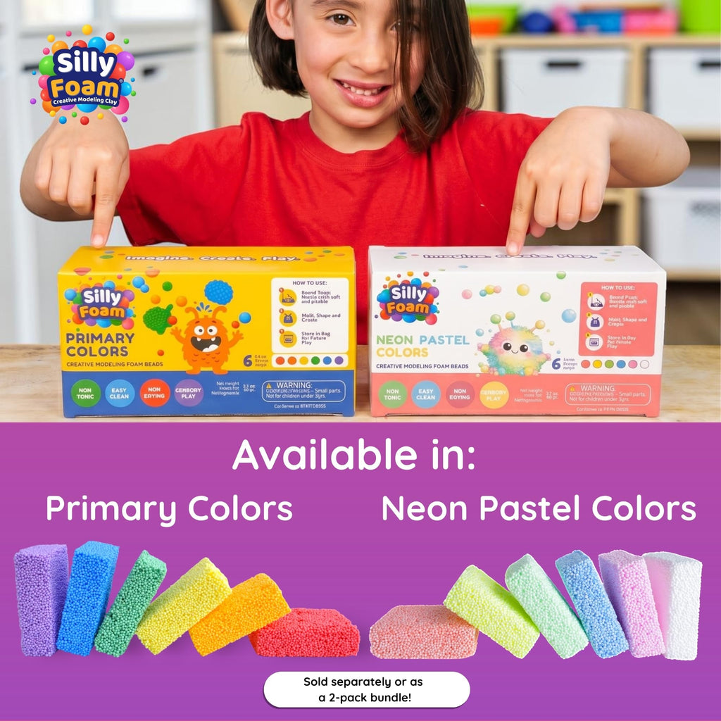 Silly Foam Creative Modeling Foam Beads - 6 Primary Colors, Non-Toxic, Mess-Free Sensory Play for Kids Ages 3+