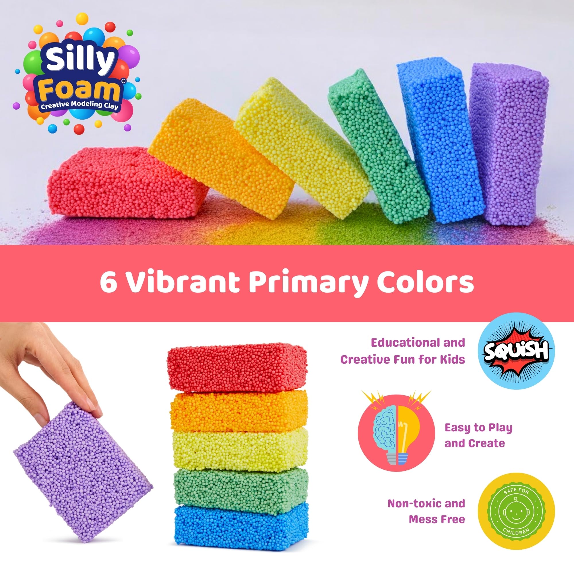 Silly Foam Creative Modeling Foam Beads - 6 Primary Colors, Non-Toxic, Mess-Free Sensory Play for Kids Ages 3+