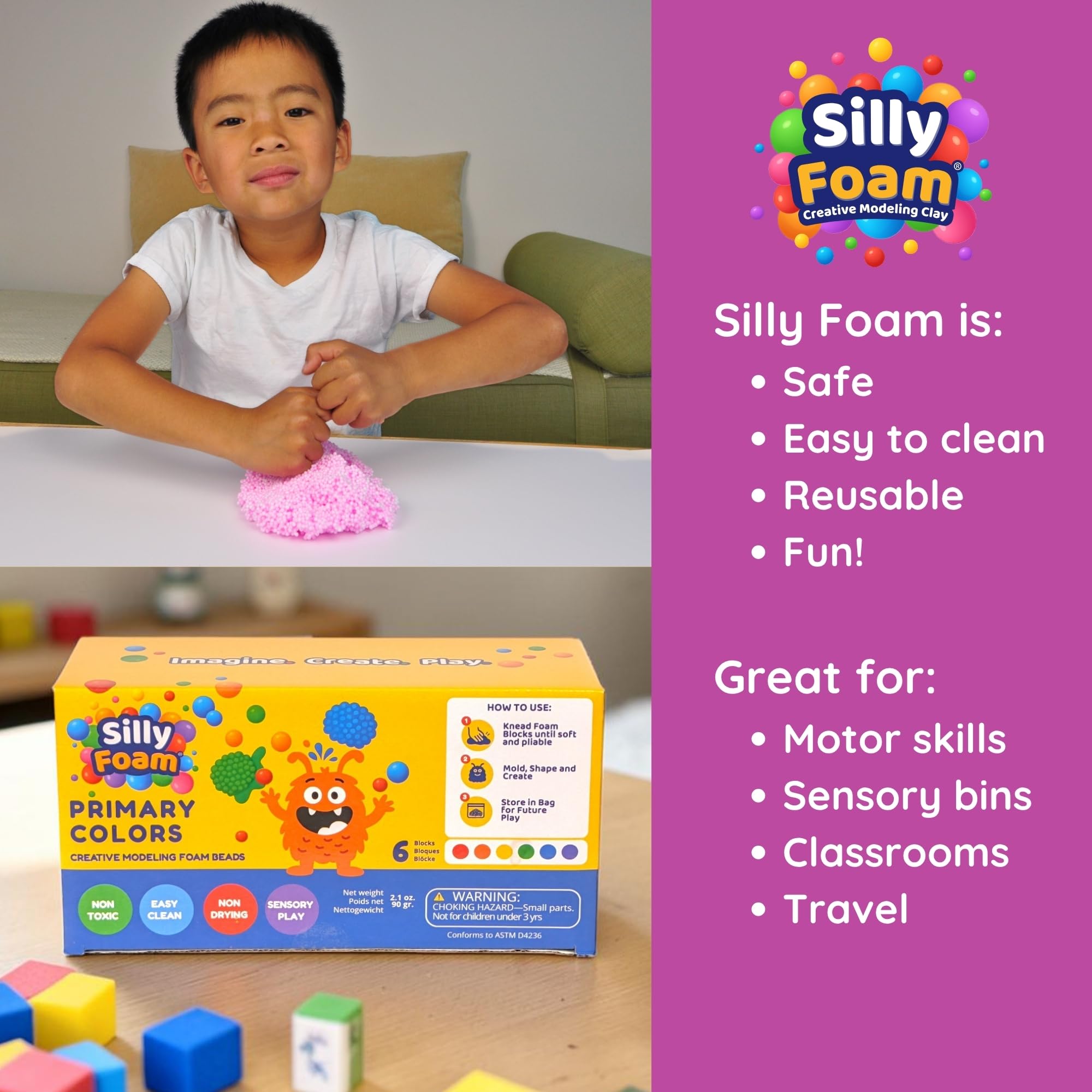 Silly Foam Creative Modeling Foam Beads - 6 Primary Colors, Non-Toxic, Mess-Free Sensory Play for Kids Ages 3+