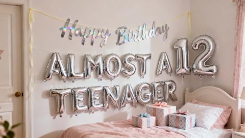 Silver 12th Birthday Balloon Set for Boys - JumDaQQ Almost a Teenager Banner & Number 12 Foil Balloons