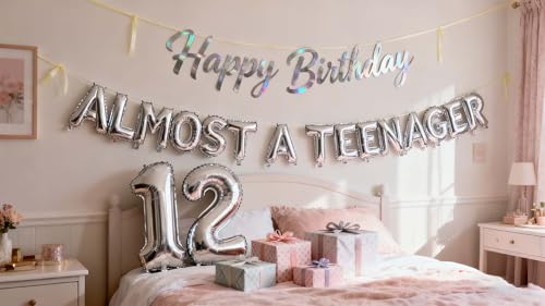 Silver 12th Birthday Balloon Set for Boys - JumDaQQ Almost a Teenager Banner & Number 12 Foil Balloons