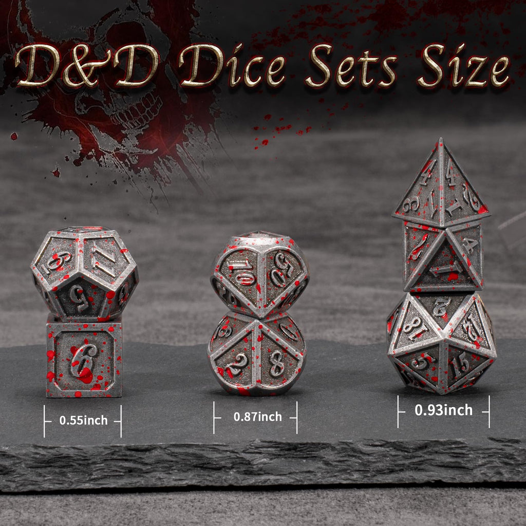 Silver Blood Metal DND Dice Set - 7-Piece Polyhedral Zinc Alloy RPG Dice with Carrying Bag