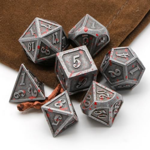 Silver Blood Metal DND Dice Set - 7-Piece Polyhedral Zinc Alloy RPG Dice with Carrying Bag