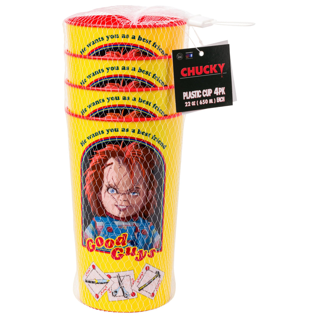 Silver Buffalo Chucky 'Good Guys' 4-Pack Plastic Cups – 22 oz, Officially Licensed Horror Drinkware