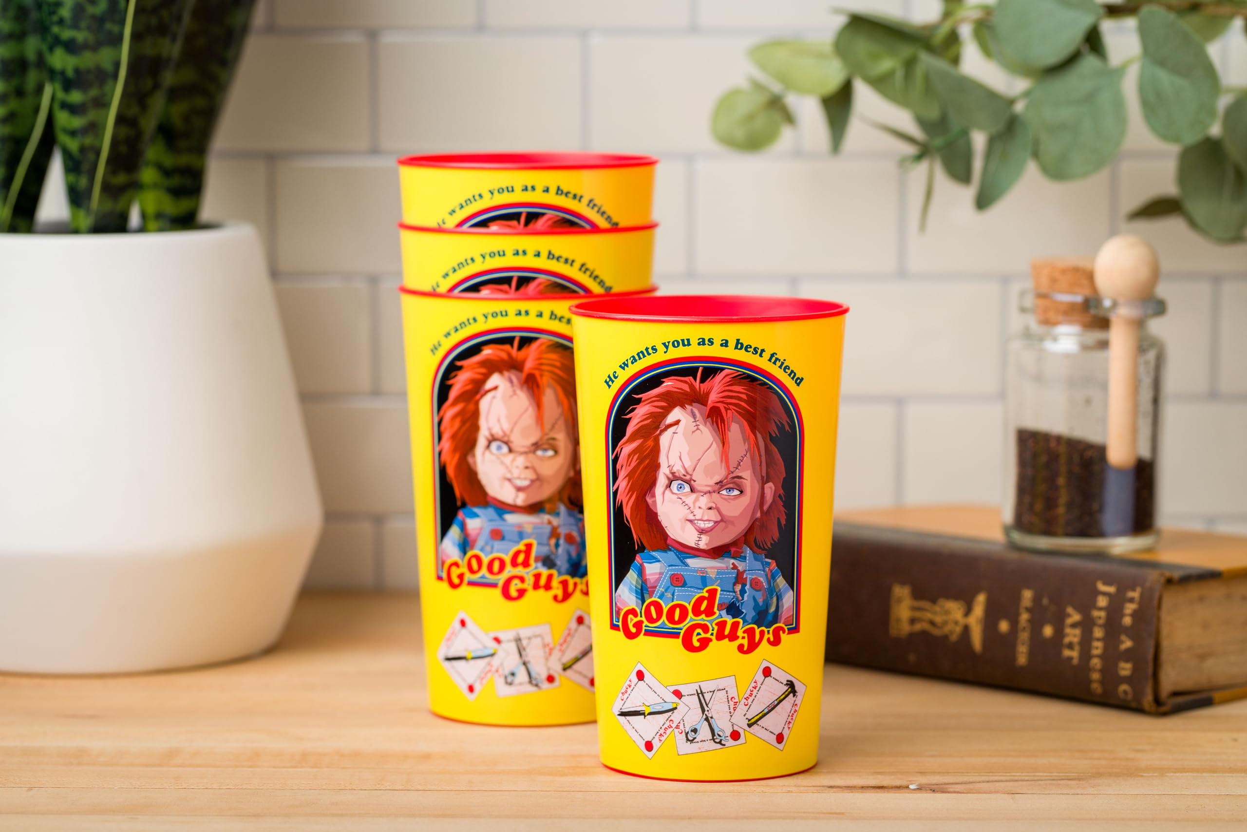 Silver Buffalo Chucky 'Good Guys' 4-Pack Plastic Cups – 22 oz, Officially Licensed Horror Drinkware