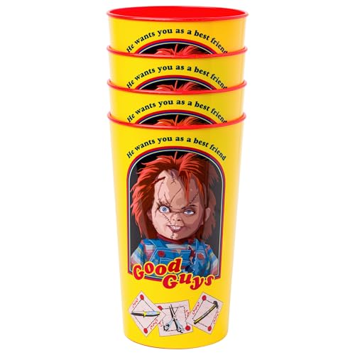 Silver Buffalo Chucky 'Good Guys' 4-Pack Plastic Cups – 22 oz, Officially Licensed Horror Drinkware