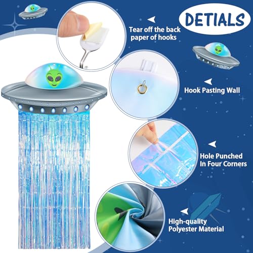 Simgoing Alien Birthday Party Door Curtain Set – Golden Blue Foil Fringe Tinsel with Spaceship Banner