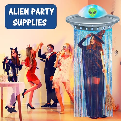 Simgoing Alien Birthday Party Door Curtain Set – Golden Blue Foil Fringe Tinsel with Spaceship Banner