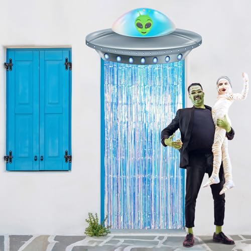 Simgoing Alien Birthday Party Door Curtain Set – Golden Blue Foil Fringe Tinsel with Spaceship Banner