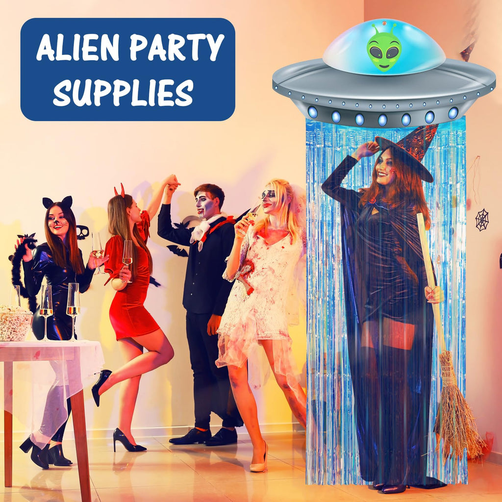 Simgoing Alien Birthday Party Door Curtain Set – Golden Blue Foil Fringe Tinsel with Spaceship Banner