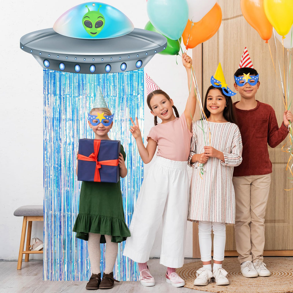 Simgoing Alien Birthday Party Door Curtain Set – Golden Blue Foil Fringe Tinsel with Spaceship Banner