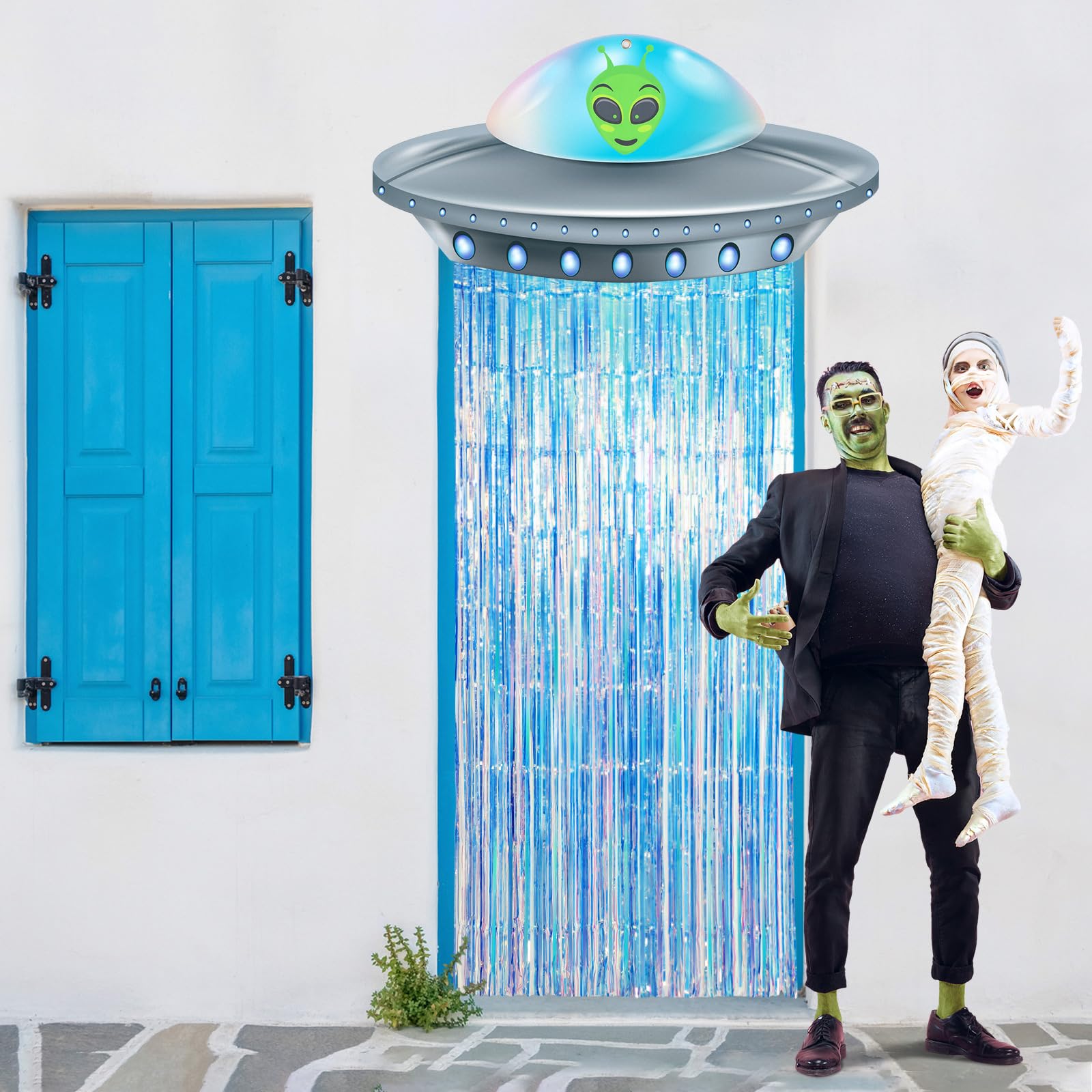 Simgoing Alien Birthday Party Door Curtain Set – Golden Blue Foil Fringe Tinsel with Spaceship Banner