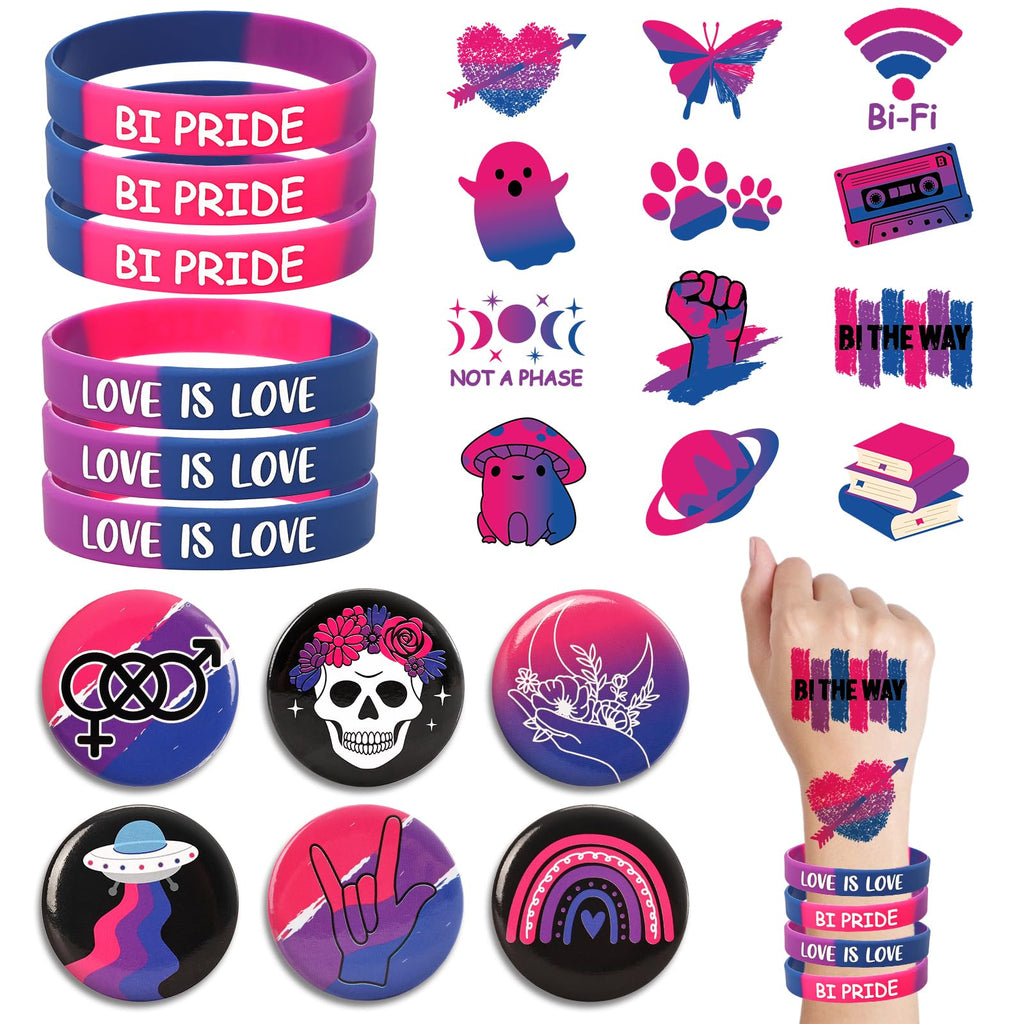 Sinasasspel Bisexual Pride Accessories Set - 6 Bracelets, 6 Pins, 12 Tattoos