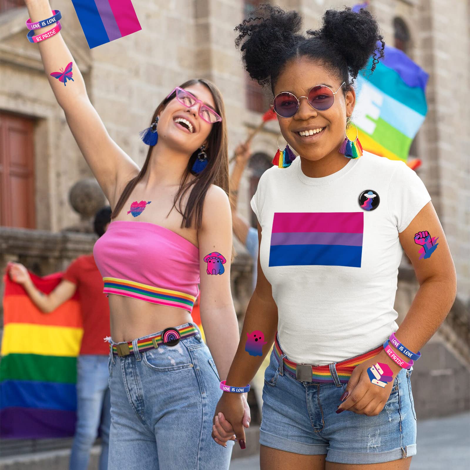 Sinasasspel Bisexual Pride Accessories Set - 6 Bracelets, 6 Pins, 12 Tattoos