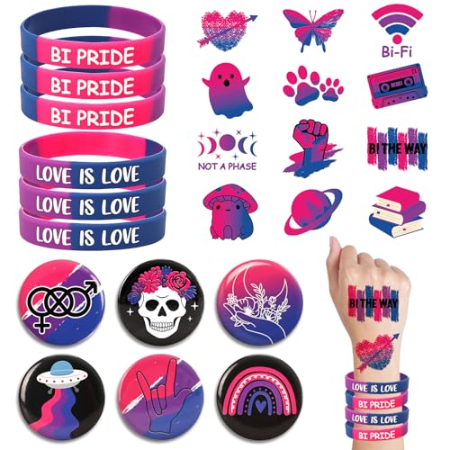 Sinasasspel Bisexual Pride Accessories Set - 6 Bracelets, 6 Pins, 12 Tattoos