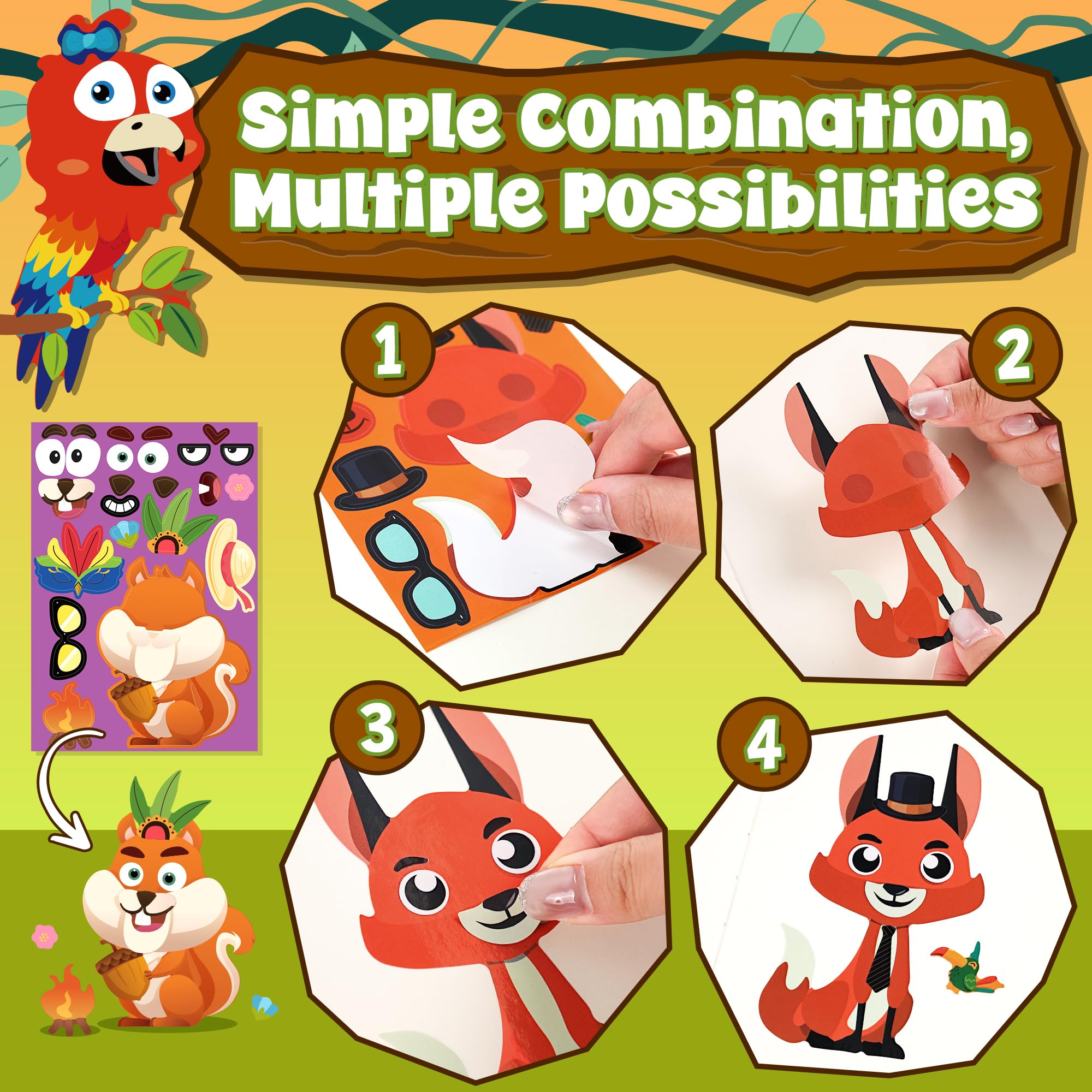 sinceroduct 100 Sheets Make a Face Stickers for Kids - 20 Animal Designs, Waterproof & Reusable DIY Stickers