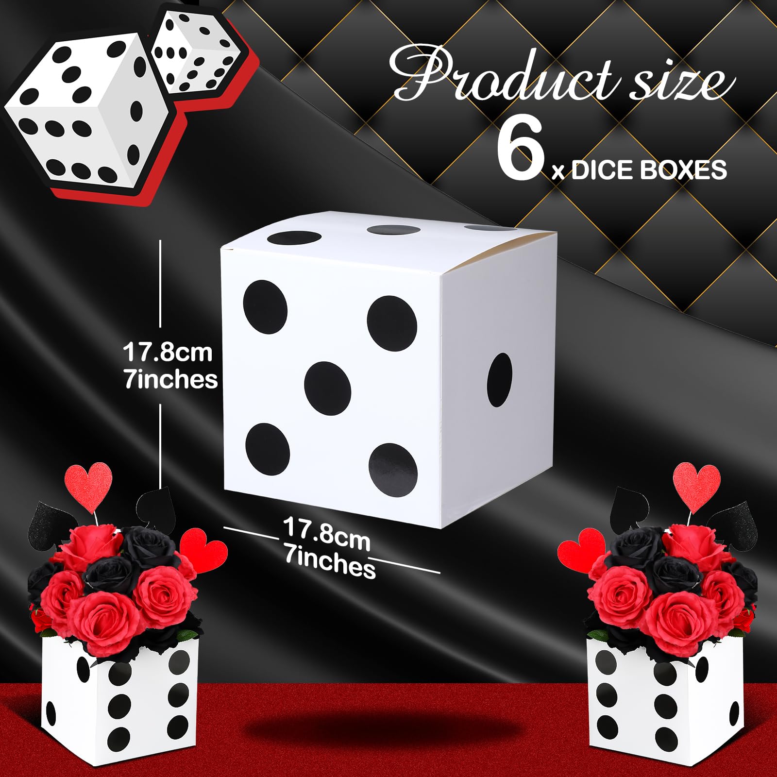 Sinmoe 6-Pack White Dice Favor Boxes – 7x7x7 Inch Cardboard Casino Centerpieces for Party Decorations