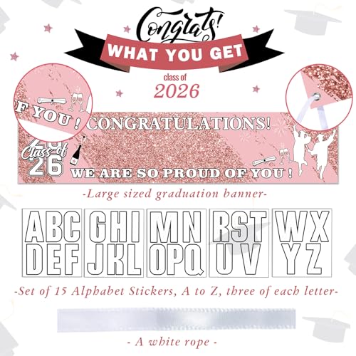 Sinmoe Personalized Graduation Banner - 71x16 Inch Pink Banner with 78 Alphabet Stickers for Custom Names, Class of 2026 Decor for High School College Doctorate