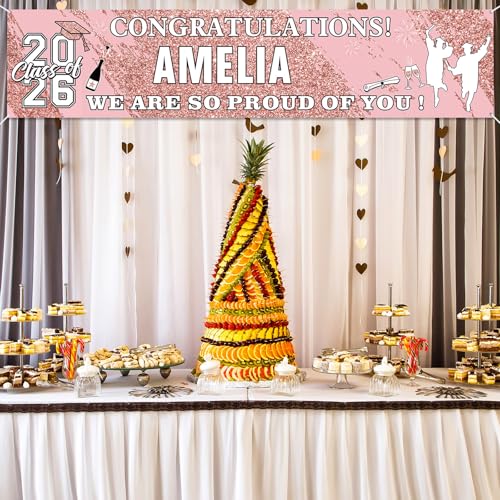 Sinmoe Personalized Graduation Banner - 71x16 Inch Pink Banner with 78 Alphabet Stickers for Custom Names, Class of 2026 Decor for High School College Doctorate