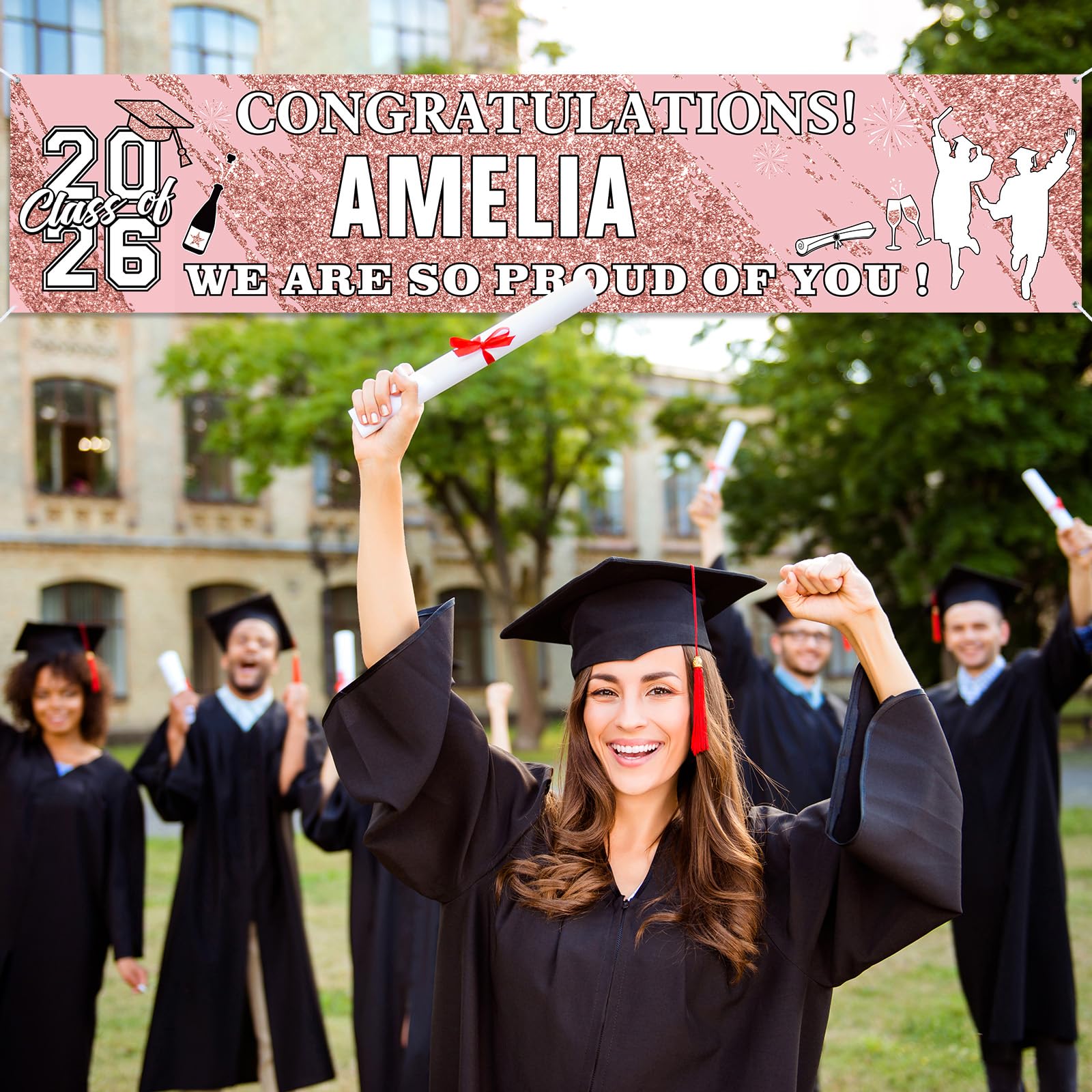 Sinmoe Personalized Graduation Banner - 71x16 Inch Pink Banner with 78 Alphabet Stickers for Custom Names, Class of 2026 Decor for High School College Doctorate