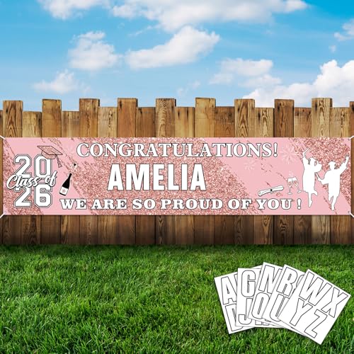 Sinmoe Personalized Graduation Banner - 71x16 Inch Pink Banner with 78 Alphabet Stickers for Custom Names, Class of 2026 Decor for High School College Doctorate