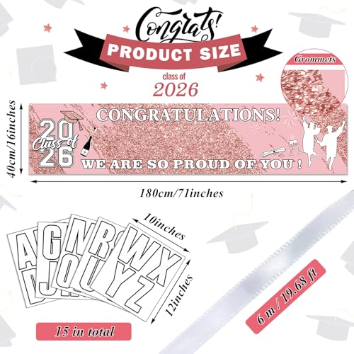 Sinmoe Personalized Graduation Banner - 71x16 Inch Pink Banner with 78 Alphabet Stickers for Custom Names, Class of 2026 Decor for High School College Doctorate