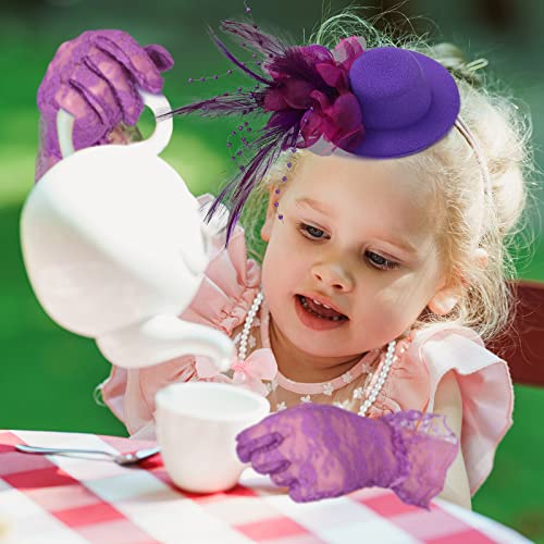 Sintege 4-Piece Girls Tea Party Set – Fascinator Hat, Pearl Necklace, Lace Fan & Gloves
