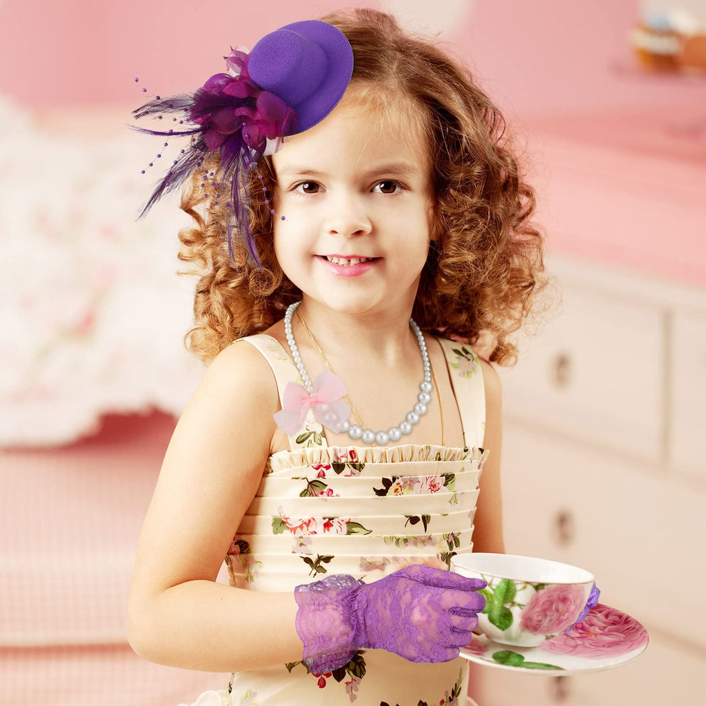 Sintege 4-Piece Girls Tea Party Set – Fascinator Hat, Pearl Necklace, Lace Fan & Gloves