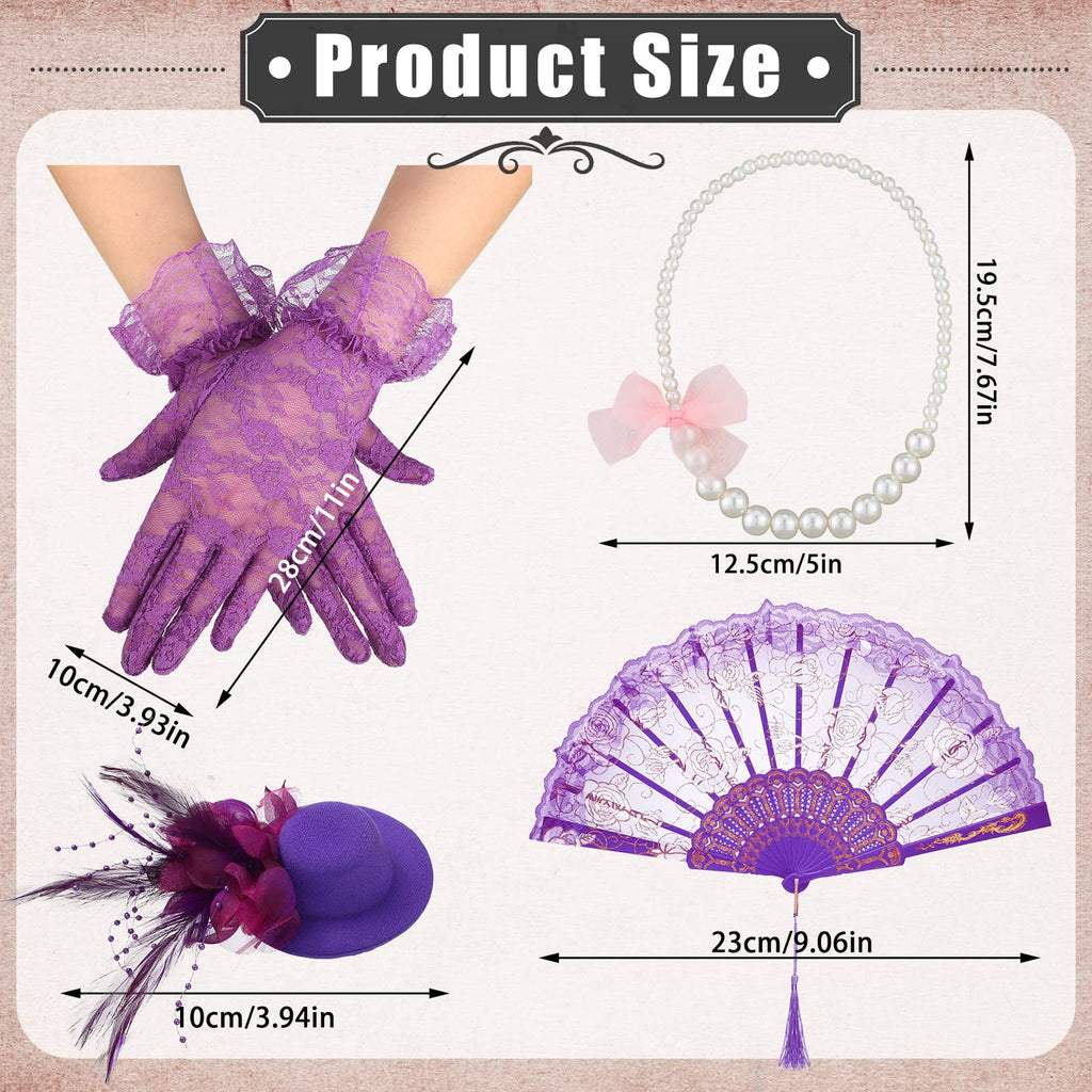 Sintege 4-Piece Girls Tea Party Set – Fascinator Hat, Pearl Necklace, Lace Fan & Gloves