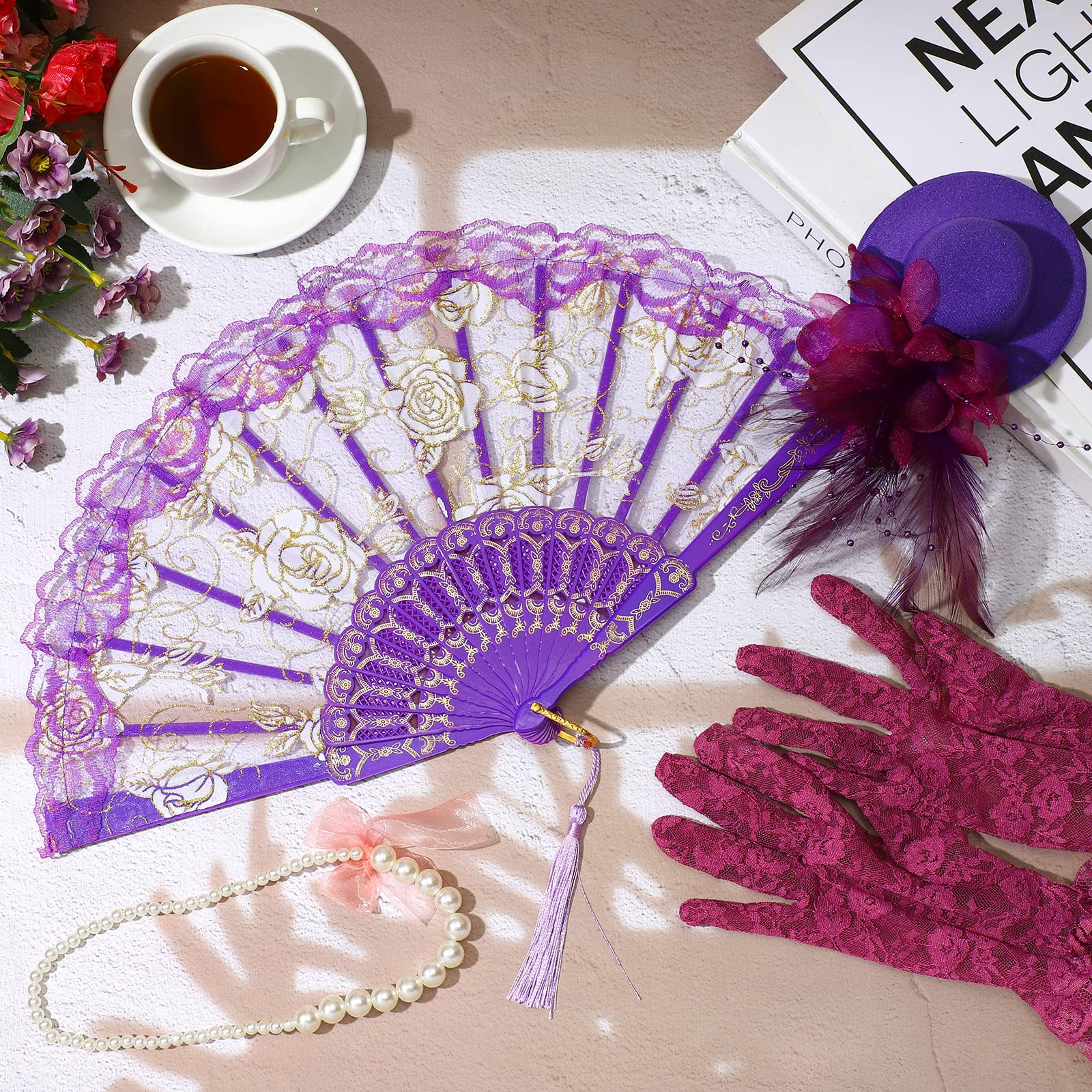 Sintege 4-Piece Girls Tea Party Set – Fascinator Hat, Pearl Necklace, Lace Fan & Gloves