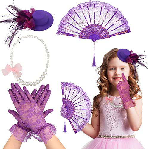 Sintege 4-Piece Girls Tea Party Set – Fascinator Hat, Pearl Necklace, Lace Fan & Gloves