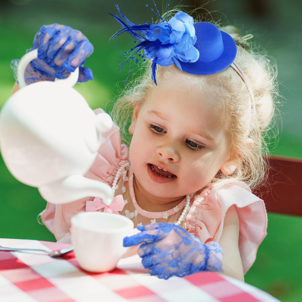 Sintege 4-Piece Girls Tea Party Set: Fascinator Hat, Pearl Necklace, Lace Fan & Gloves for Kids