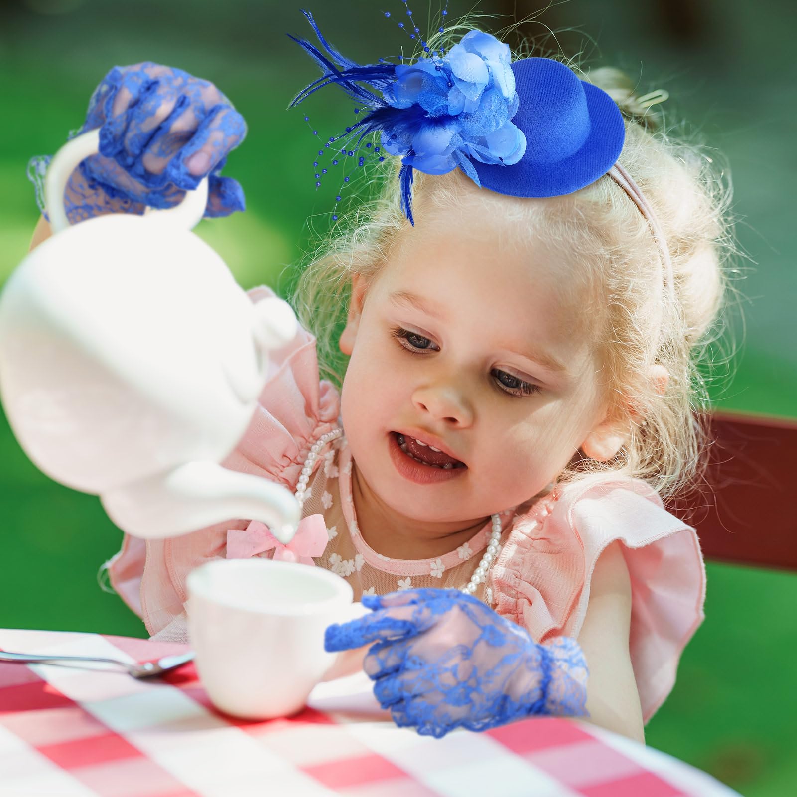Sintege 4-Piece Girls Tea Party Set: Fascinator Hat, Pearl Necklace, Lace Fan & Gloves for Kids