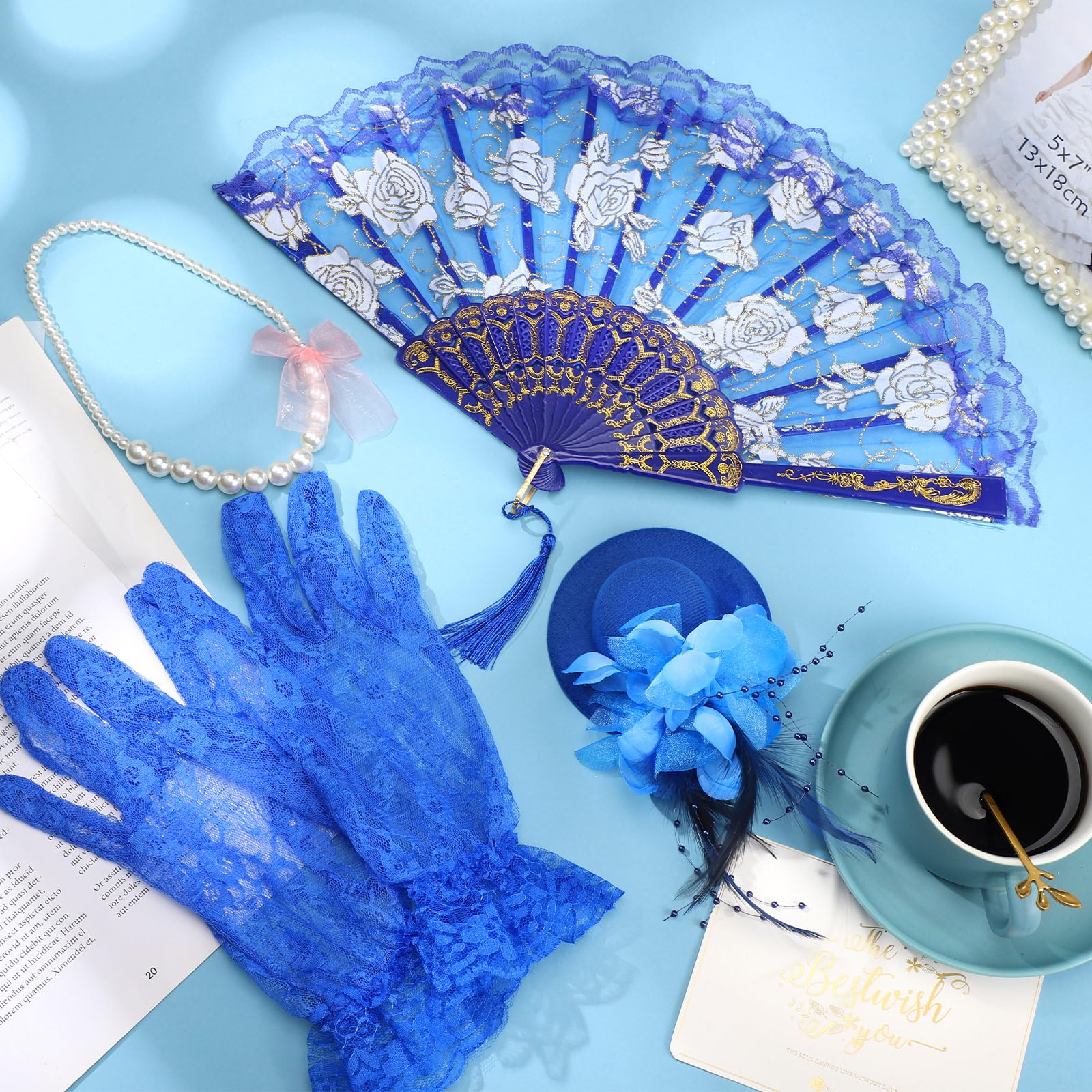 Sintege 4-Piece Girls Tea Party Set: Fascinator Hat, Pearl Necklace, Lace Fan & Gloves for Kids