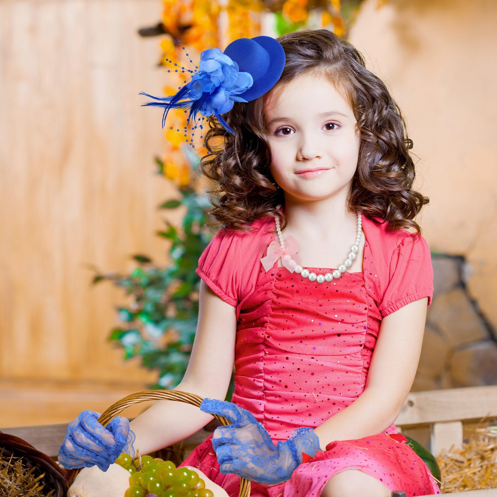 Sintege 4-Piece Girls Tea Party Set: Fascinator Hat, Pearl Necklace, Lace Fan & Gloves for Kids