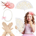 Sintege 4-Piece Girls Tea Party Set – Fascinator Hat, Pearl Necklace, Lace Gloves & Fan