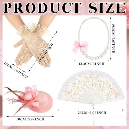 Sintege 4-Piece Girls Tea Party Set – Fascinator Hat, Pearl Necklace, Lace Gloves & Fan