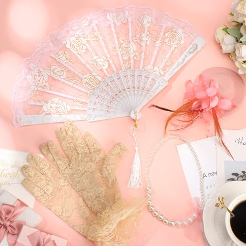 Sintege 4-Piece Girls Tea Party Set – Fascinator Hat, Pearl Necklace, Lace Gloves & Fan