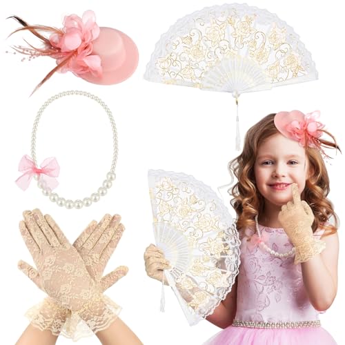 Sintege 4-Piece Girls Tea Party Set – Fascinator Hat, Pearl Necklace, Lace Gloves & Fan