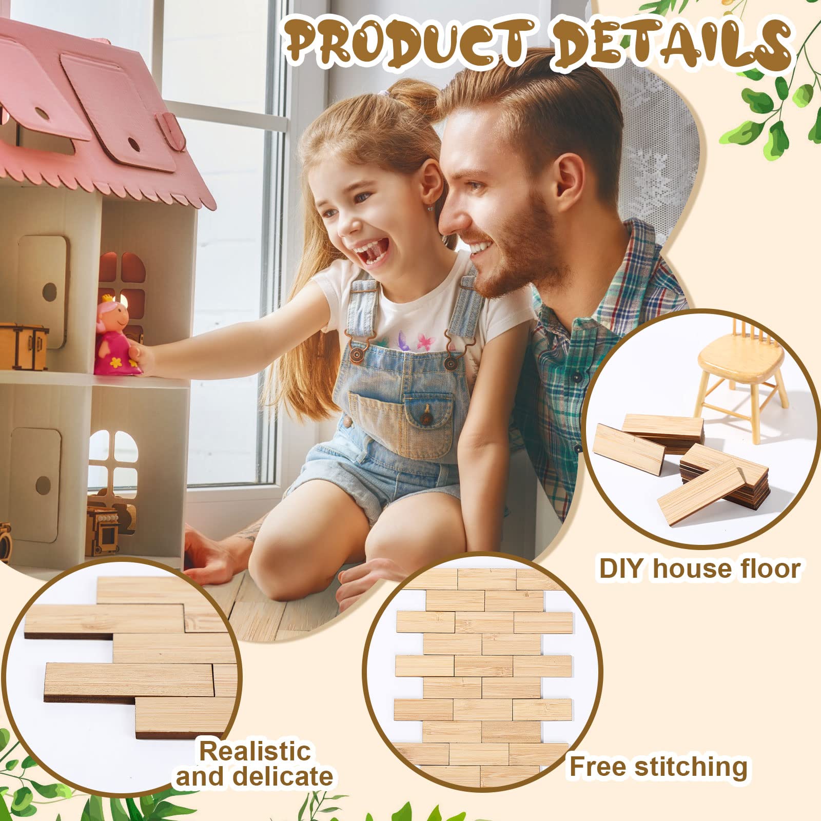 Sintuff 200-Piece Beige Bamboo Dollhouse Flooring - 1:12 Scale Geometric Wood Floor Boards for Miniature Rooms