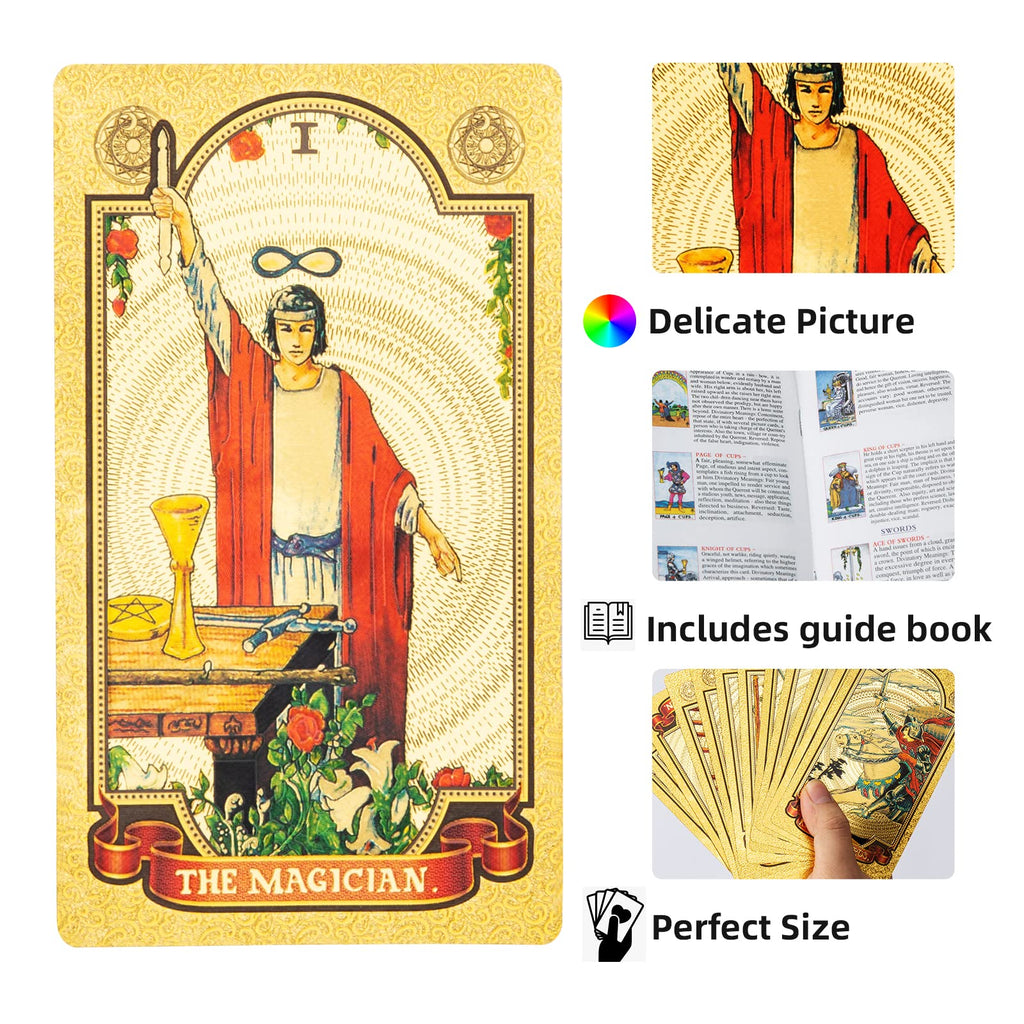 SIOKUY Gold Sun Tarot Deck: 78-Card Holographic PVC Foil Set for Beginners