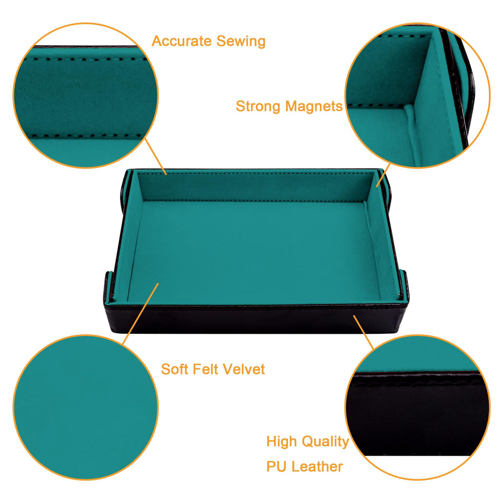 SIQUK 2-Pack Magnetic Folding Dice Trays - Rectangular PU Leather Rolling Tray Set for D&D and RPG Games (Cyan and Black)