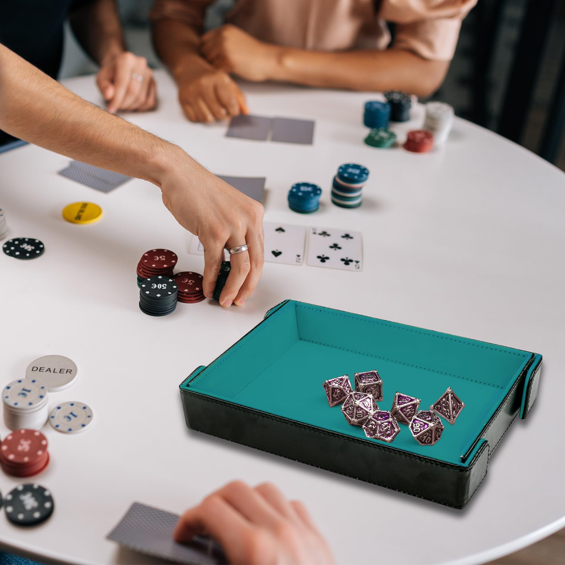SIQUK 2-Pack Magnetic Folding Dice Trays - Rectangular PU Leather Rolling Tray Set for D&D and RPG Games (Cyan and Black)