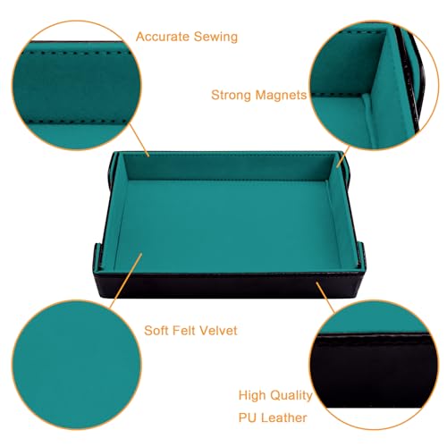 SIQUK 2-Pack Magnetic Folding Dice Trays - Rectangular PU Leather Rolling Tray Set for D&D and RPG Games (Cyan and Black)