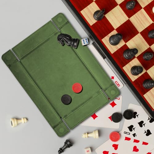 SIQUK 2-Piece Magnetic Folding Dice Tray Set – Green & Camel PU Leather Rectangle Dice Rolling Tray for D&D RPG