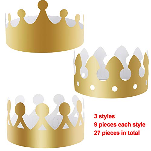 SIQUK 27 Pack Gold Paper Crowns - 3 Styles, Foil Party Hats for Kids & Adults