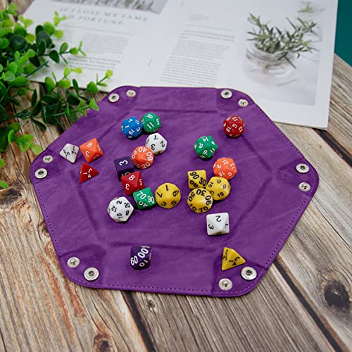 SIQUK 4-Pack Hexagon Dice Trays – PU Leather & Velvet, Collapsible, Portable for DND/RPG (Black, Cyan, Violet, Royal Blue)